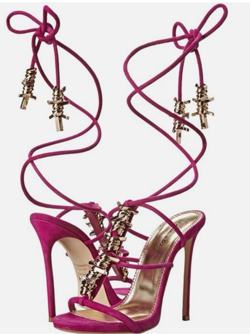 DSQUARED2 39 8.5 Fuchsia BABE BARBED WIRE Suede Ankle Tie Stiletto Sandals